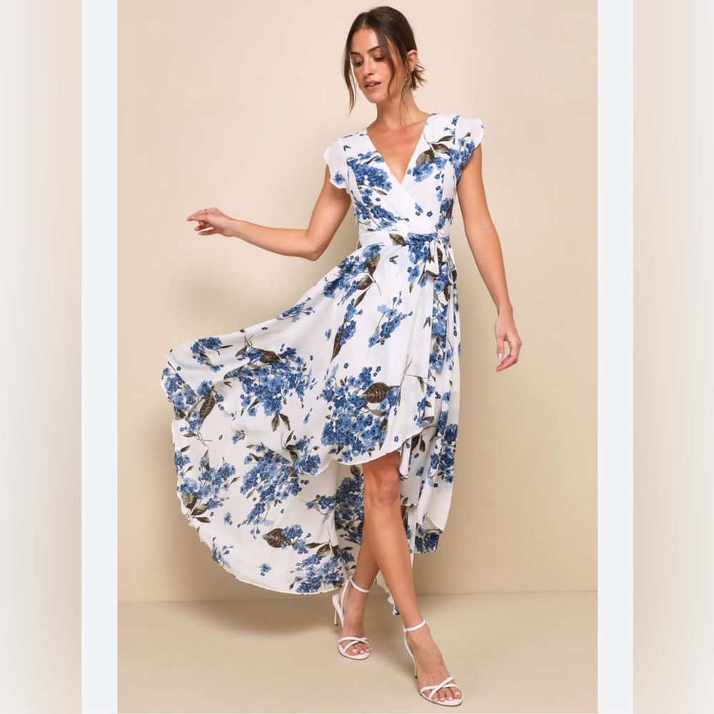 French Countryside White Floral Print High-Low Dress Sz. M White Floral Print